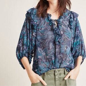 anthropologie sheer ruffle floral blouse xsp fairy boho top
